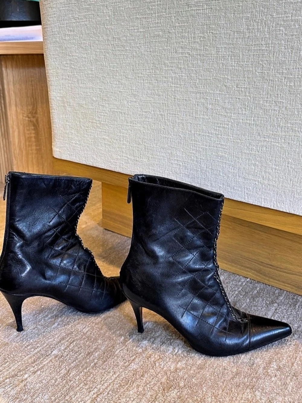 Chanel Black Quilted Leather Pointed-Toe Heeled Boots with Silver Chain Detail - Picture 14 of 16